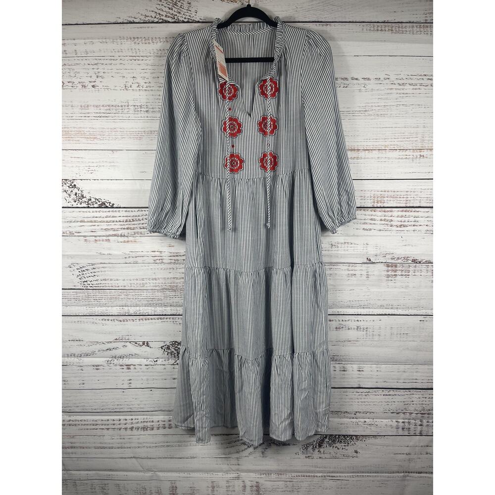 New Collection Dress Womens Small Blue Stripe Embroidered Floral Boho Swing Maxi